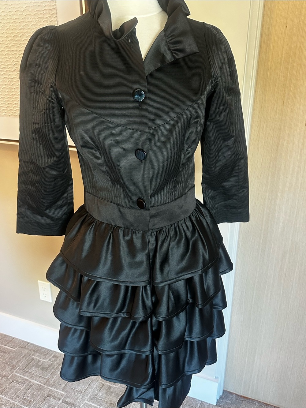 Thread Social Black Tiered Ruffle Satin Fit-and-Flare Dress